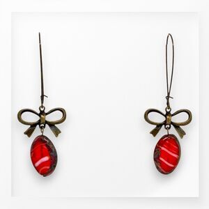 Indio Jewelry Red Picasso Glass Oval Bronze Bow Earrings #315